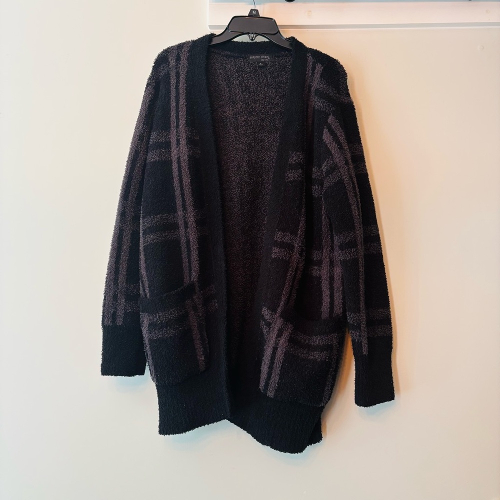 Barefoot Dreams Womens Cozychic Black Windowpane Plaid Cardigan Sweater Top M